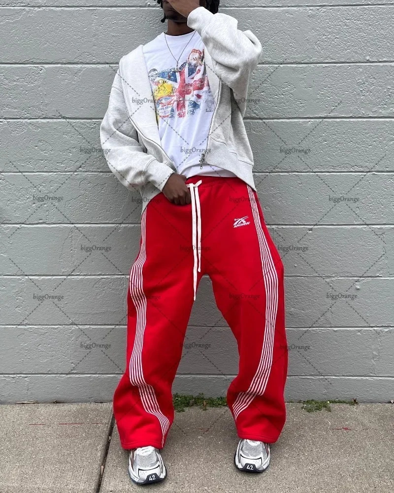 American Retro Classic Striped Sweatpants Hiphop High Street Oversized Wideleg Pants Men Fashion Trend Versatile Streetwear 241104