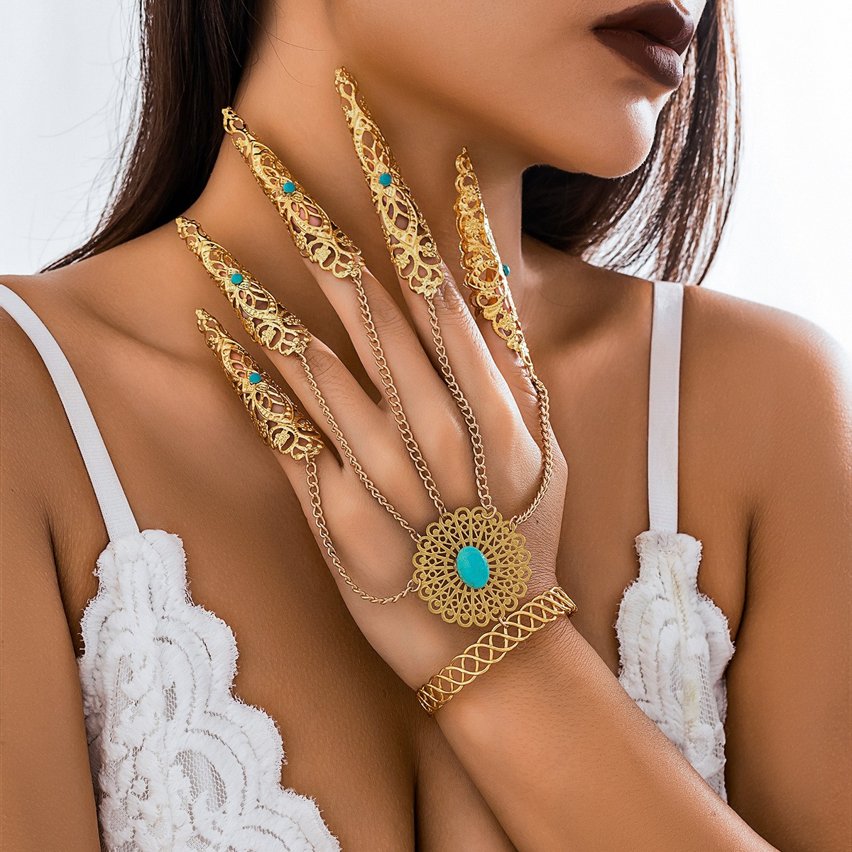 European and American Gothic Style Turquoise Finger Bracelet, Retro Halloween Ghost Punk Tapered Nail Chain Ring with Accessories