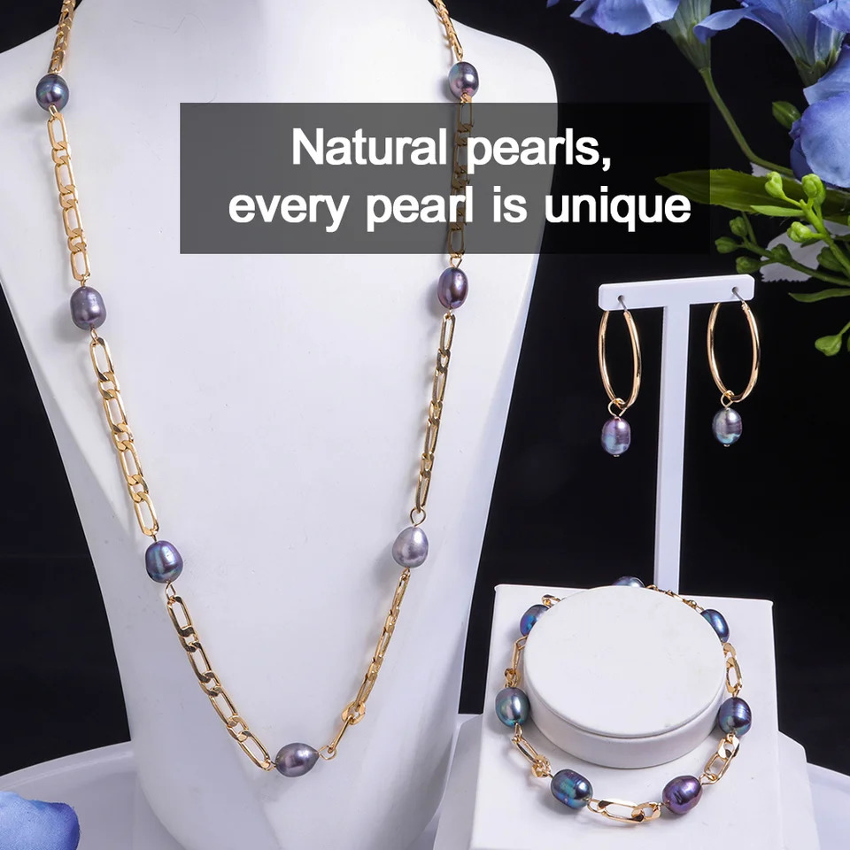 Tahiti Baroque Womens Jewelry Set Chain Necklace with Pearls Freshwater Pearl Bracelet Womens Necklace Set 241106