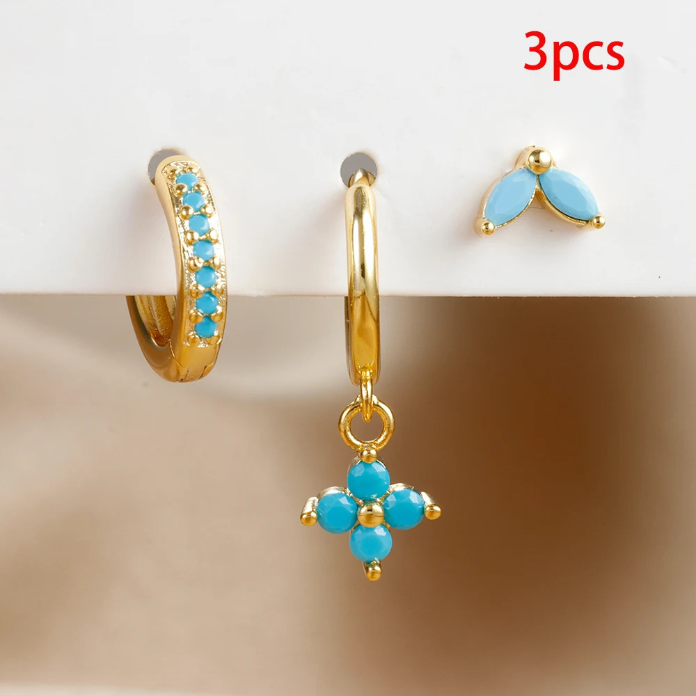 3PCS Exquisite Green Zircon Hanging Earrings Set for Women Stainless Steel Flower Dangle Earring Cartilage Piercing Jewelry 241106