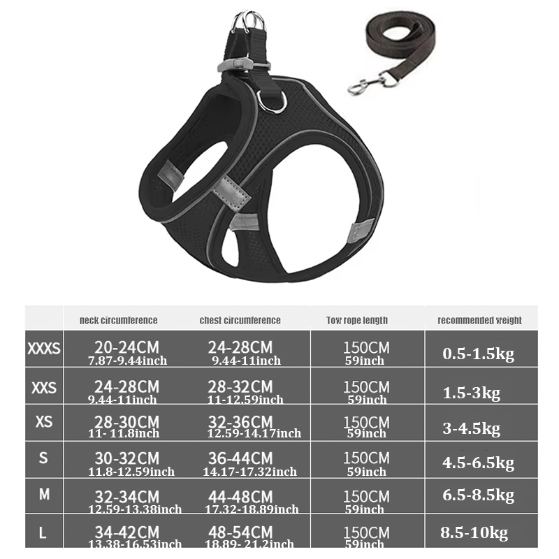 XXXS-L Reflective Pet Harness Dogs Strap with Leash Adjustable Harness Vest Breathable Collars for Chihuahua Small Large Dogs