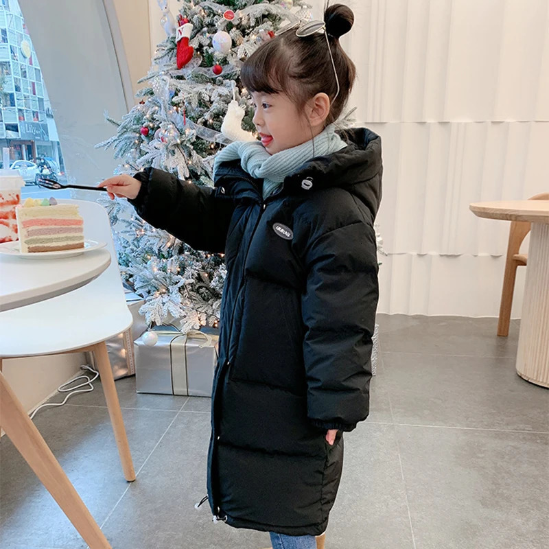 3-12 Winter Girls Down Jacket Long Solid Color Fashion Parka Coat Hooded Zipper Coat Birthday Gift Childrens Clothing 241106