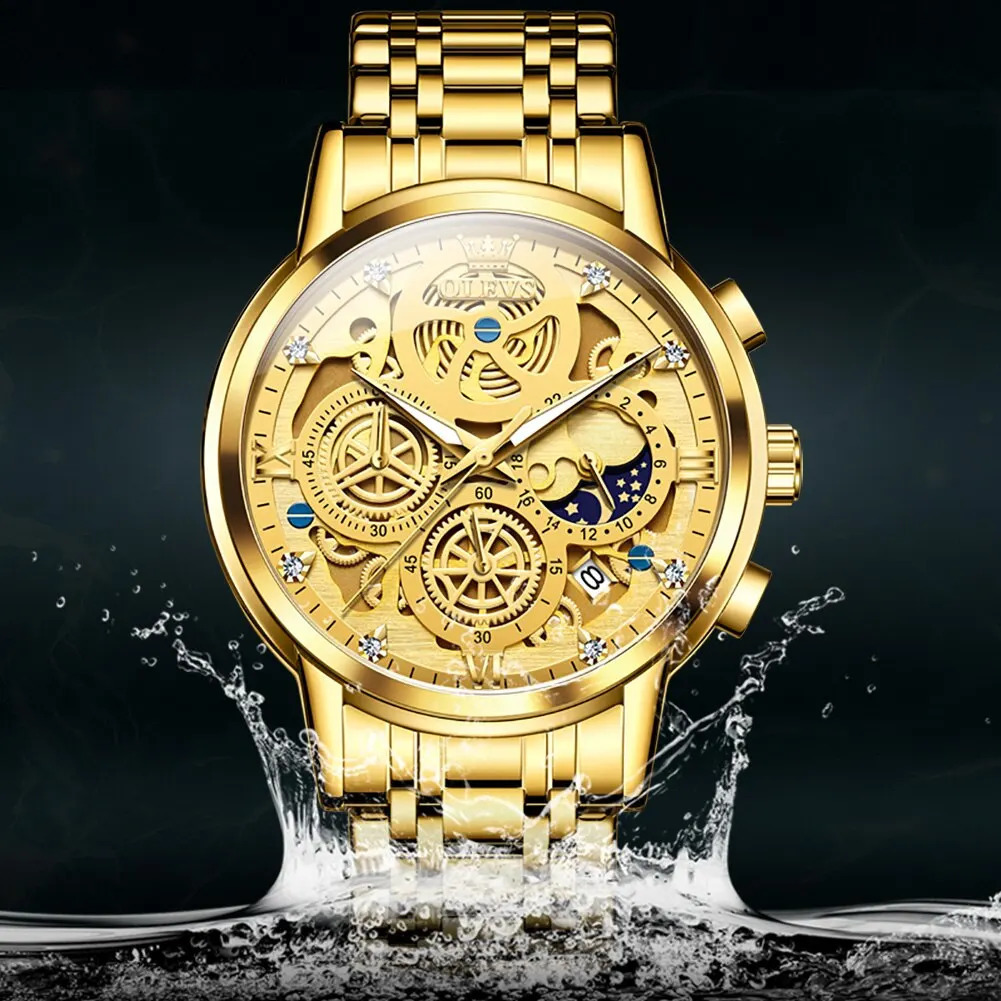 OLEVS Mens Watch Top Original Waterproof Quartz Watch Mens Gold Skeleton Style 24-hour Day and Night Watch 241105
