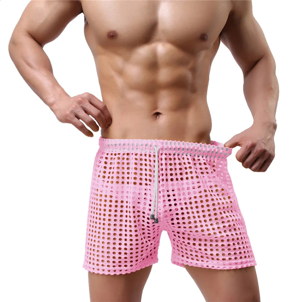 Sexy Mens Causal Shorts Big Mesh Breathable Gym Fishnet Boxers Transparent Loose Sleep Bottoms Men Hollow Out Swim Trunks 240323