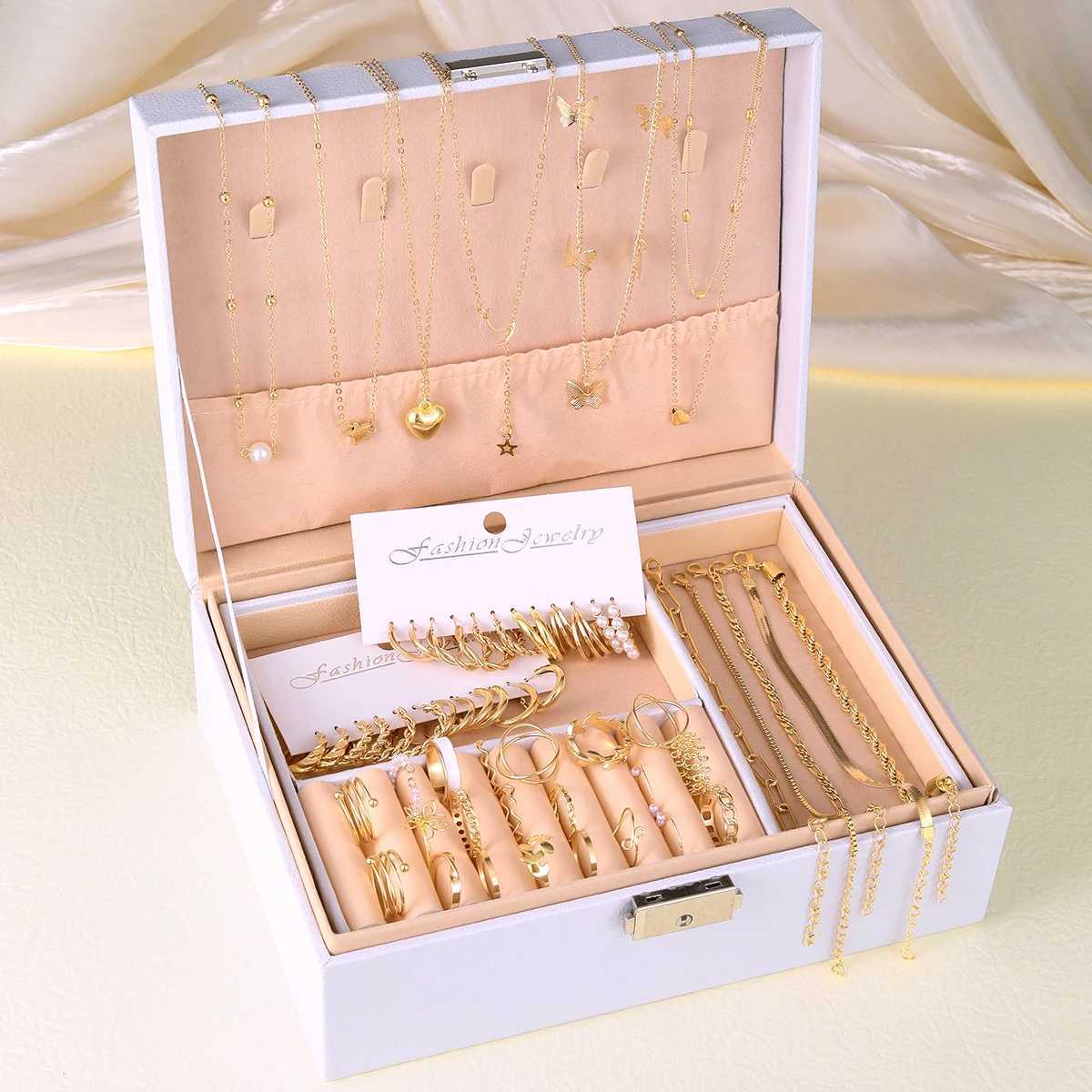New 44 piece Bohe jewelry set for fashionable retro zircon pearl metal earrings necklaces bracelets ankle rings and gifts X241106