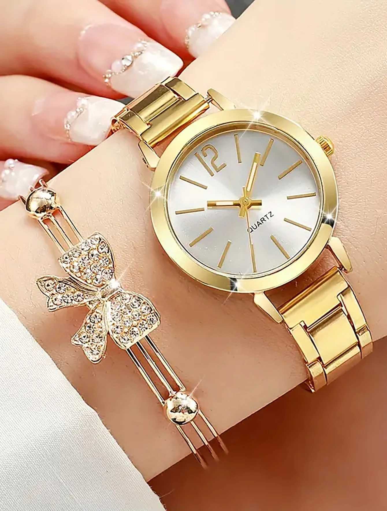 6 pieces of fashionable minimalist SC womens alloy CPACT quartz watches with bow necklaces rings earrings set X241106