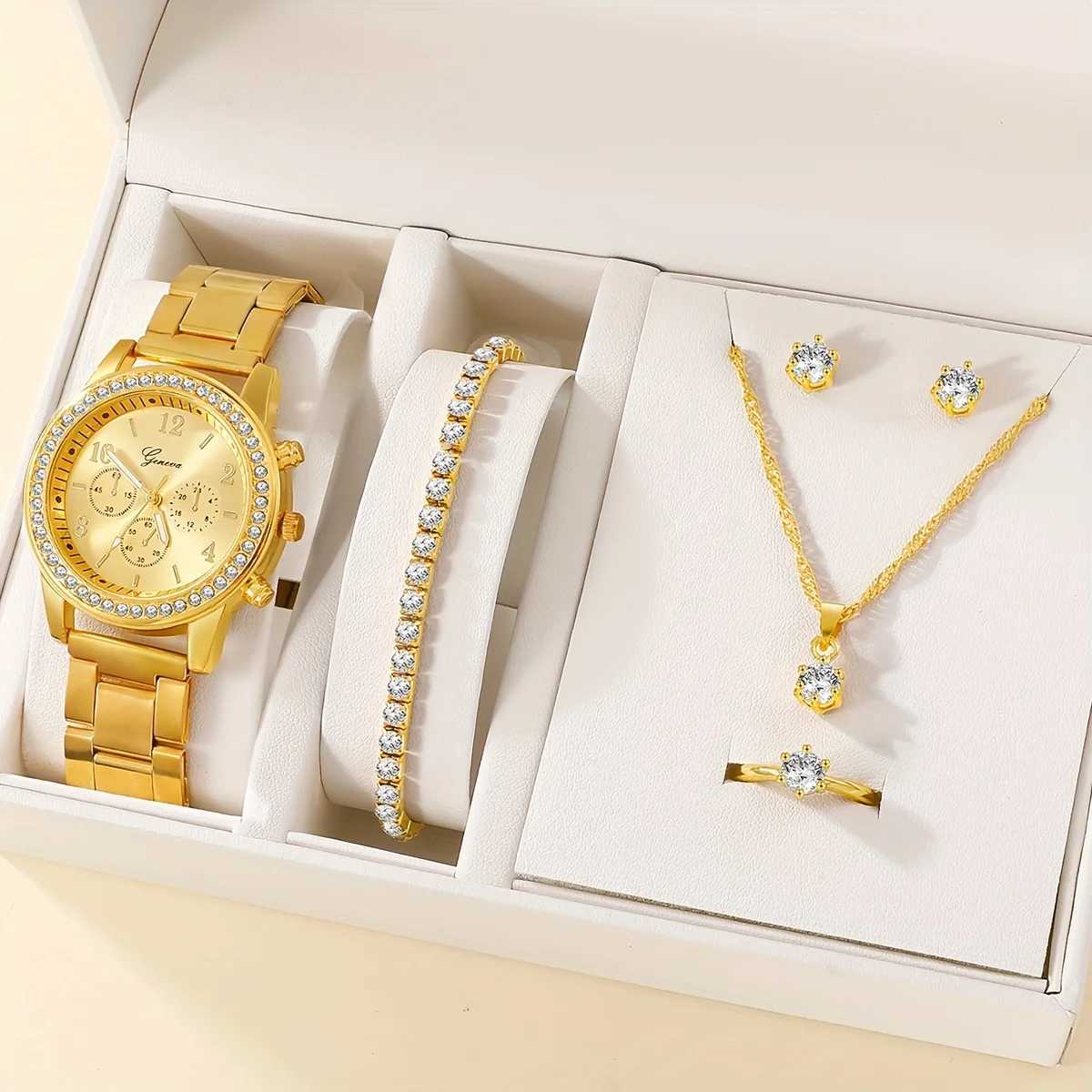 Elegant 6-piece English watch and jewelry set - stainless steel with rhinestone perfect gift for Ms X241106