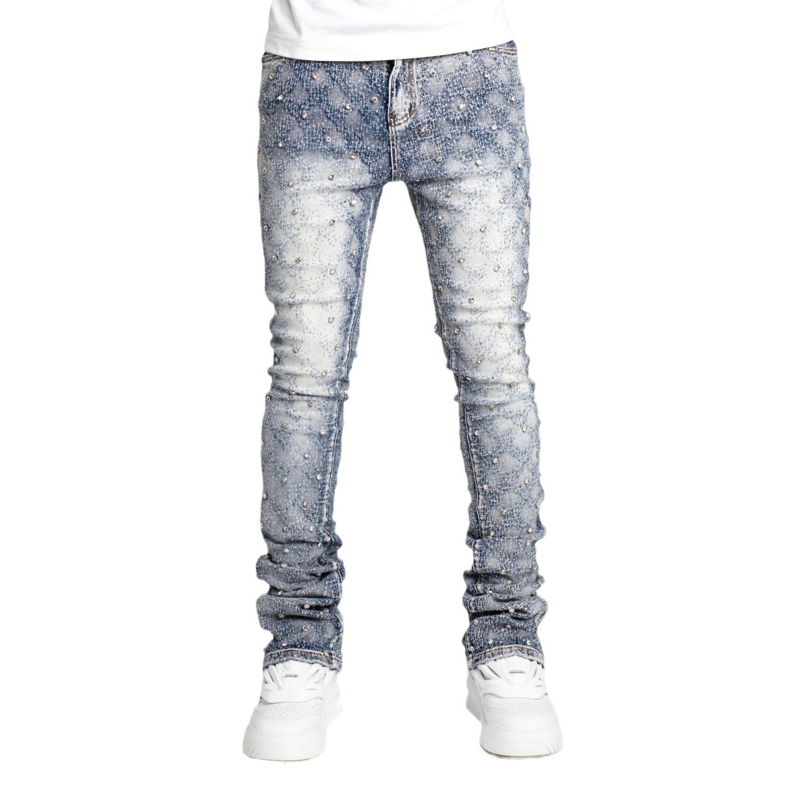 designer jeans men's denim fashion personality straight leg men's pants european and american fashion Instagram hot item elastic pearl denim