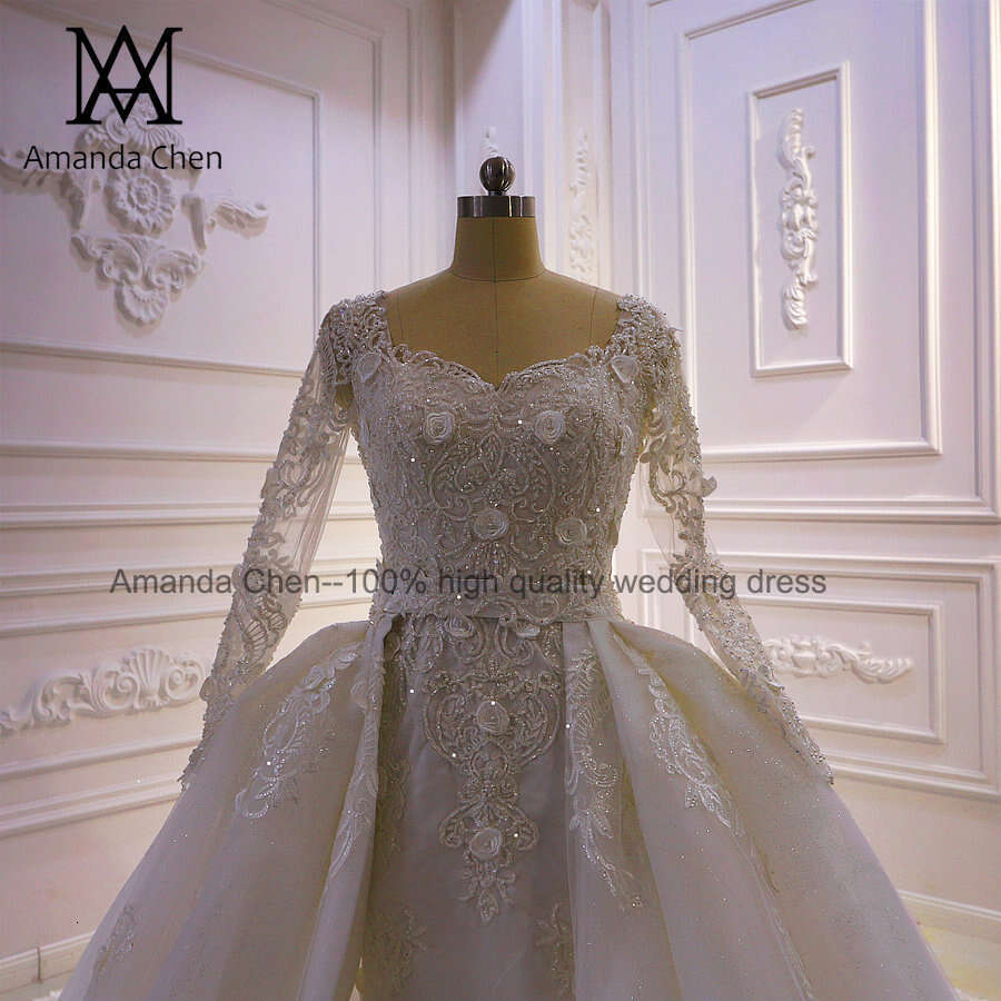 robe demoiselle d'honneur Long Sleeves Lace Applique Detachable Train Wedding Dress