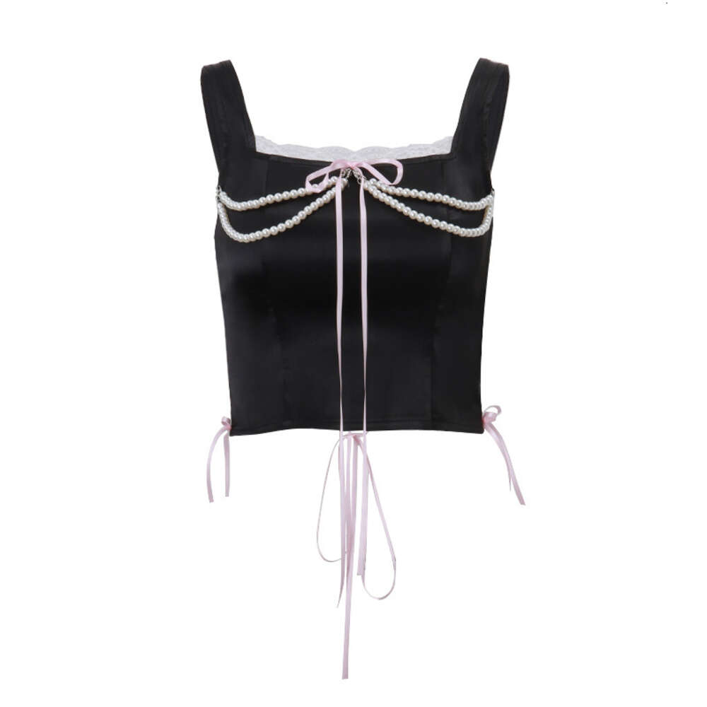 Women's 2024 Spring New French Pearl Chain Bow with Lace Strap Pure Desire Tank Top