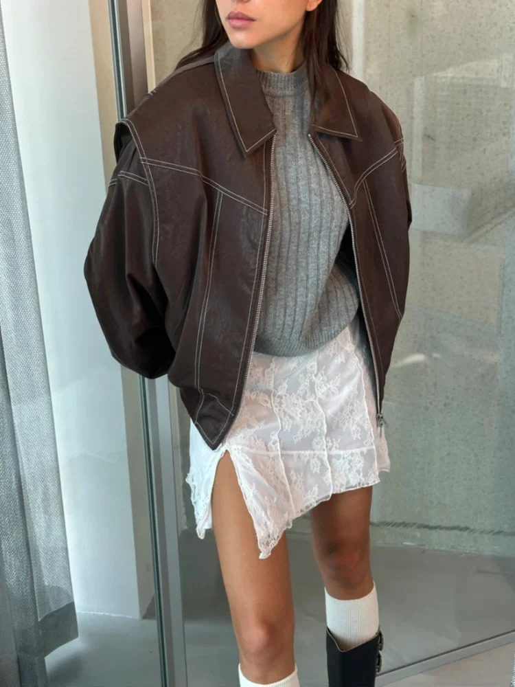 Chic Contrast Stitch Zipper Leather Jacket For Women Fashion Lapel Long Sleeves Cropped Bomber Coat 2024 Lady Street Outerwear 241106