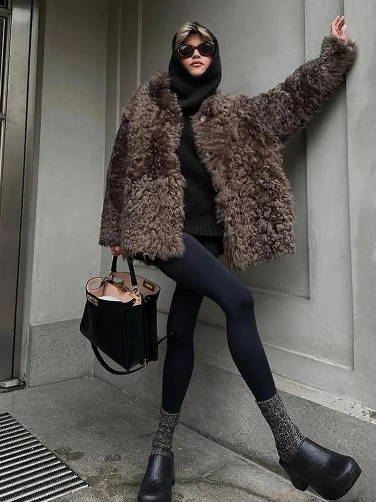 Fur Stand Collar Women Jackets Long Sleeve Fringes Solid Female Coat Autumn Elegant Single Breasted Thicken Ladies Overcoat 241104