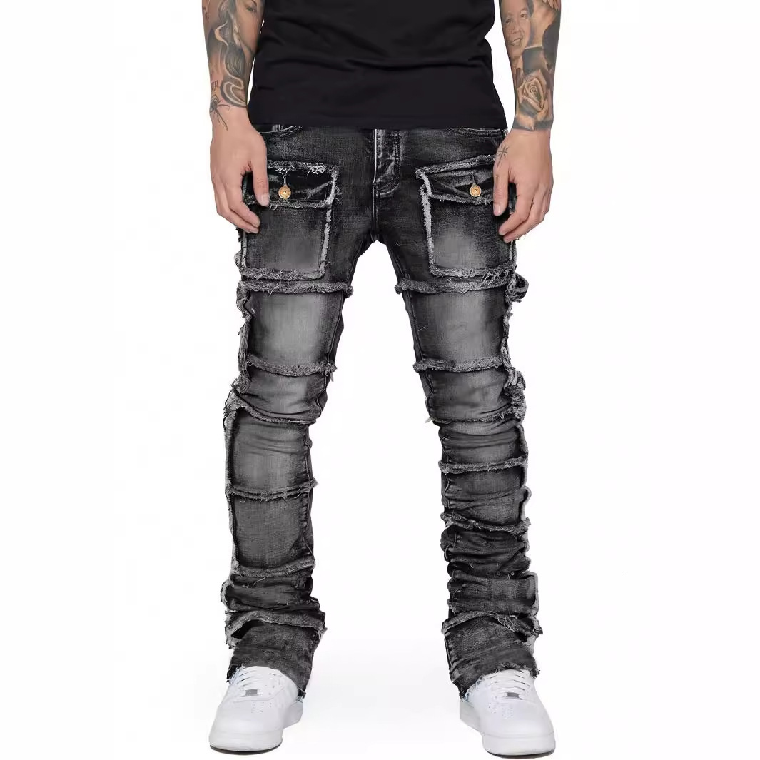 ksubi jeans men's denim workwear straight leg pants european and american fashion hot item elastic patch denim layered micro flared men's pa