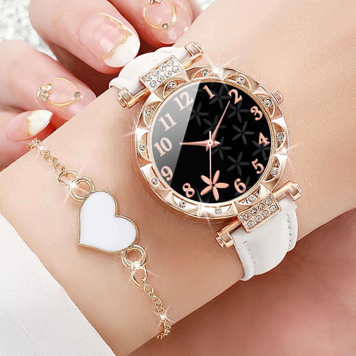 6-piece/set Wens Watch Fashion Flower Dial Leather Quartz Watch with Bracelet Set X241106