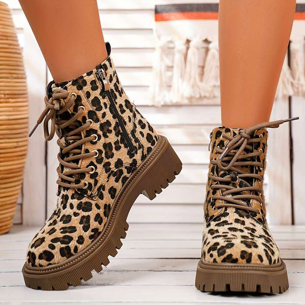 Mid Heel Womens Round Toe Leopard Print Ankle Boots Soft, Comfy, Block Heel, Lace Up, Rubber Sole, Fabric Upper - Perfect for Fall, Dress Ocn, Everyda