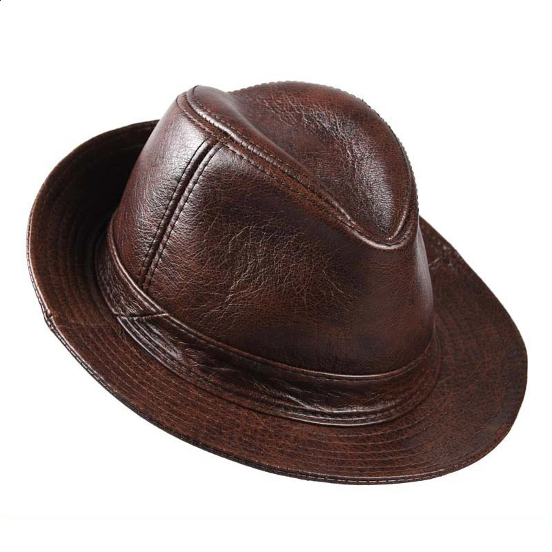 2024 Mens High Quality Genuine Leather Cowboy Leather Fedora Gentleman Cowboy Leather Short Brim Black/Brown Top Hat Mens Display 241105