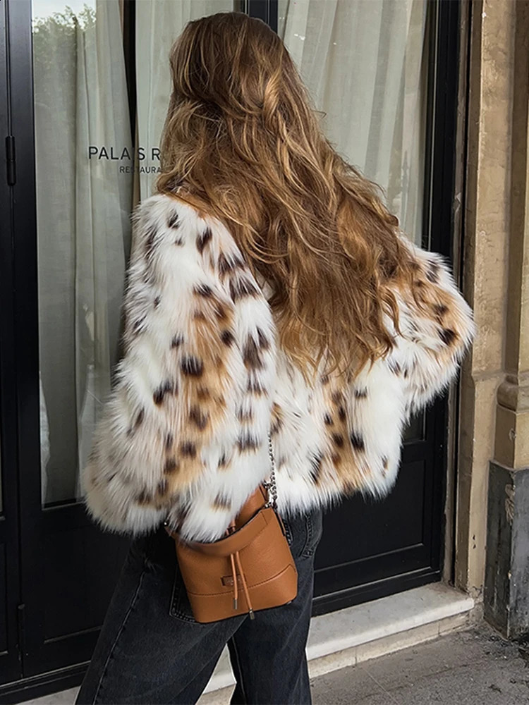 Fluffy Leopard Faux Fox Fur Womens Jackets Soft Stand Collar Black White Dot Jacket Female Winter Warm Thickened Tops 241104