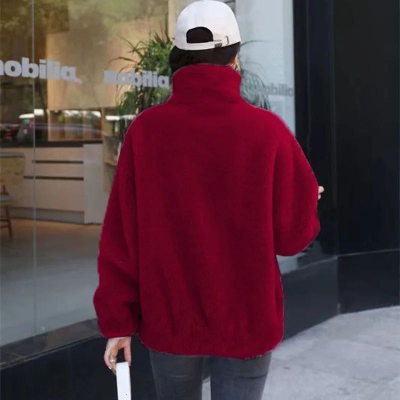 Women Winter Double Coral Fleece Warm Coat Stand Collar Plush Thick Overcoat Female Fashion Casual Long Sleeve Zipper Clothes 241106