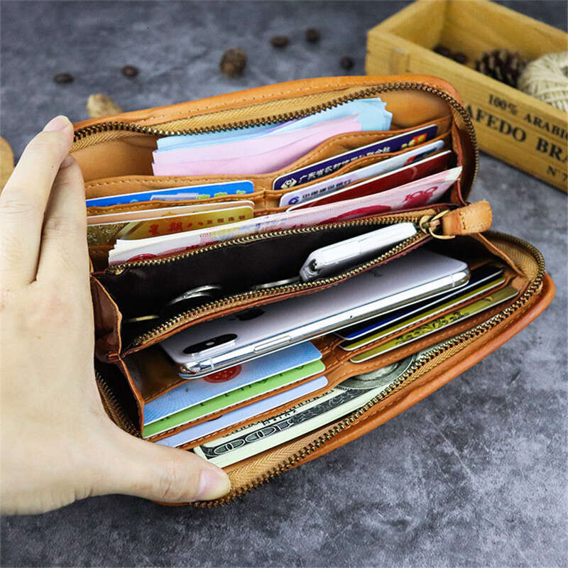 Vintage First Layer Cowhide Men's Women's Wallet Simple Handmade Soft Genuine Leather Ladies Long Phone Zippers Card Holder Bags