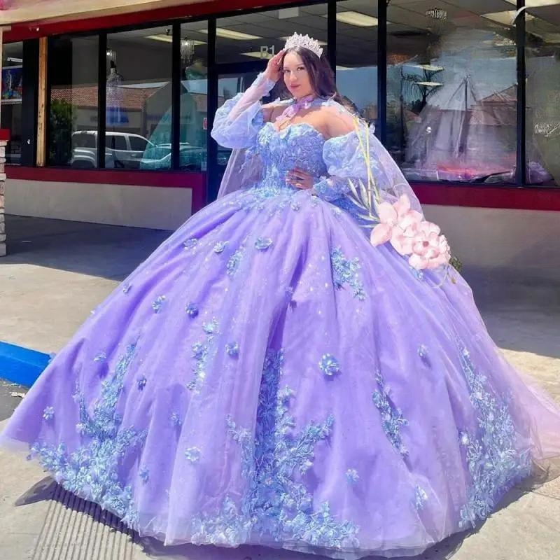 Light Lavanda Quinceanera Dresses With Cape Ball Gown Applique Lace Beads Tull Birthday Party Sweet 16 Dress Lace Up vestido de 15 anos
