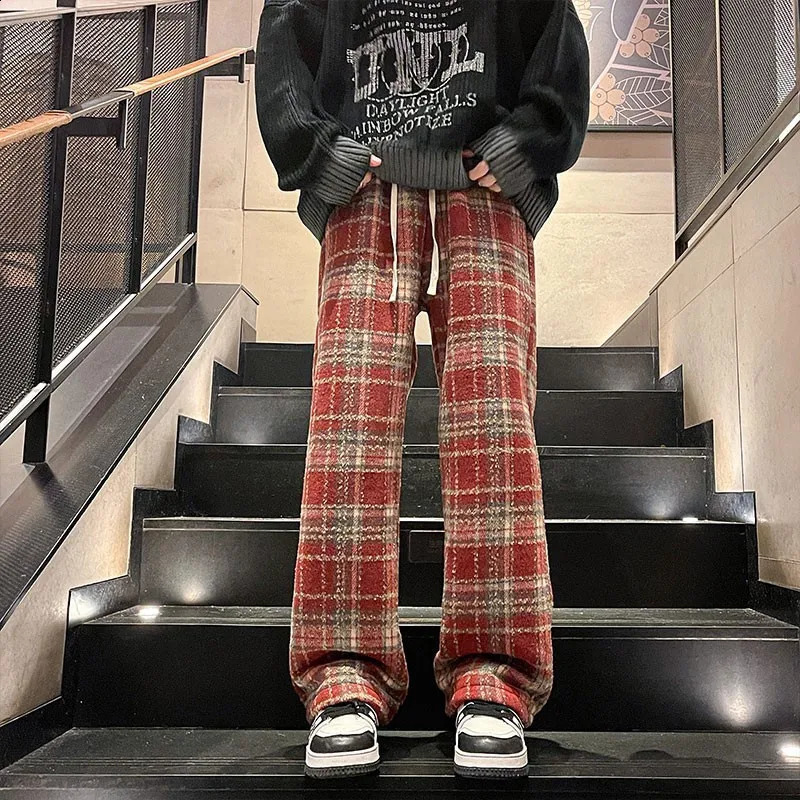 Winter Trendy Mens Fleece Plaid Casual Pants Loose Straight Leg Thick Warm Long Mopping Trousers For Men RedBlack 241104