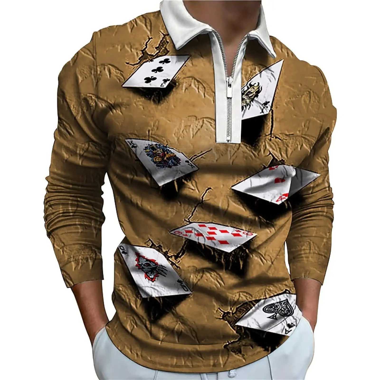 Shirt Mens Poker Card Pattern Printed Strt Harajuku Zipper T-shirt Mens Top Vent Length Sve Mens Clothing W241106