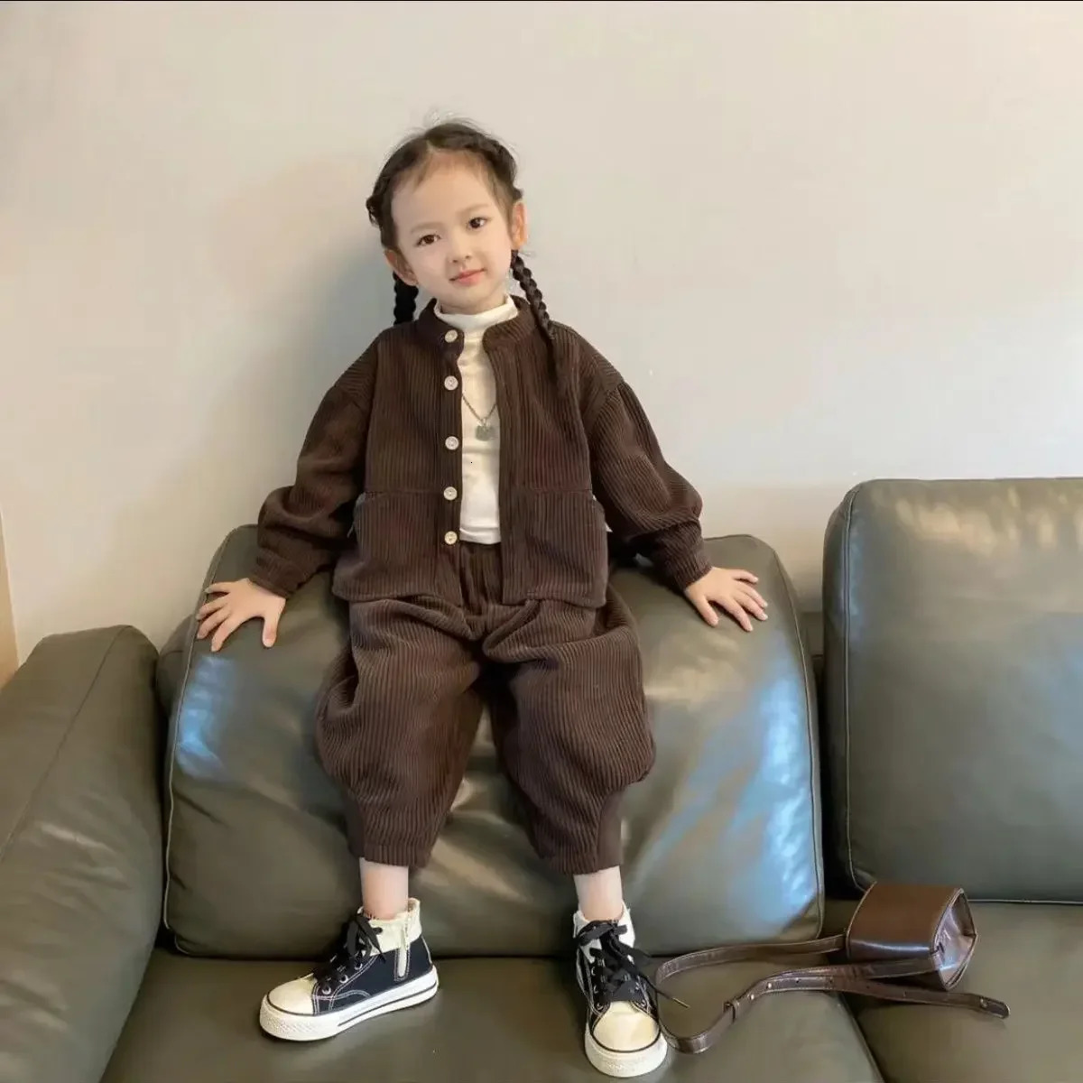 Boys Girls Korean Corduroy Stand Up Collar Single Breasted Top Pants Spring Autumn Set Childrens Casual Two-piece Set Clothing 241106
