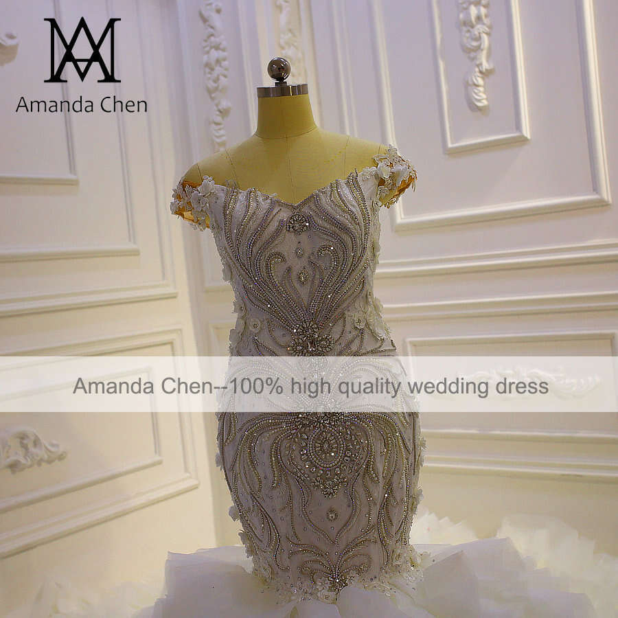 robe sirene mariage Off Shoulder Crystal Mermaid Ruffle Wedding Dress