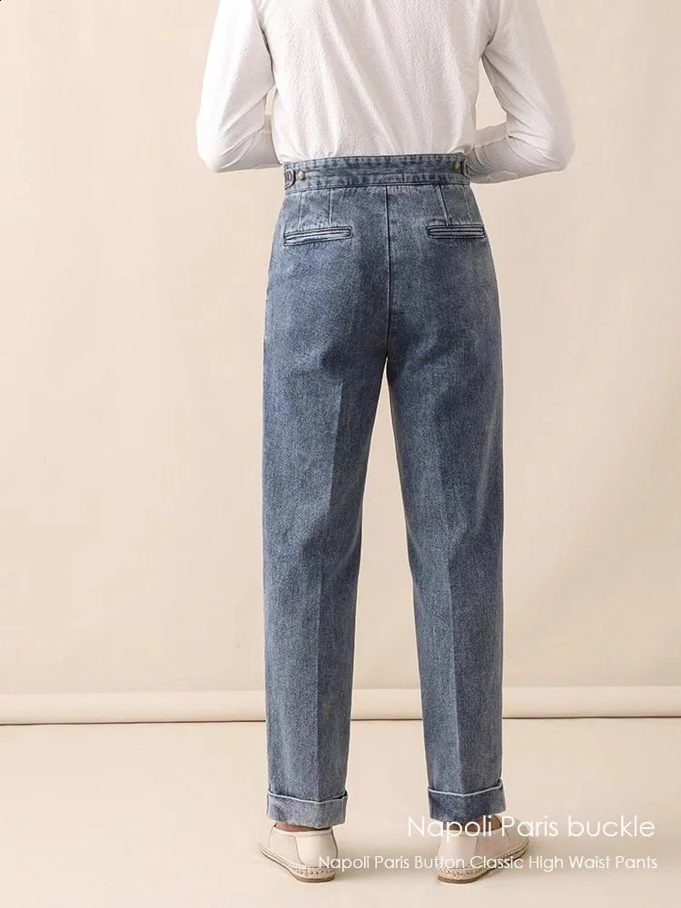 Fashion Vintage Men Naples Jeans Pants British Styles Waist Buckle Trousers Autumn Business Gentleman Casual Denim 241104