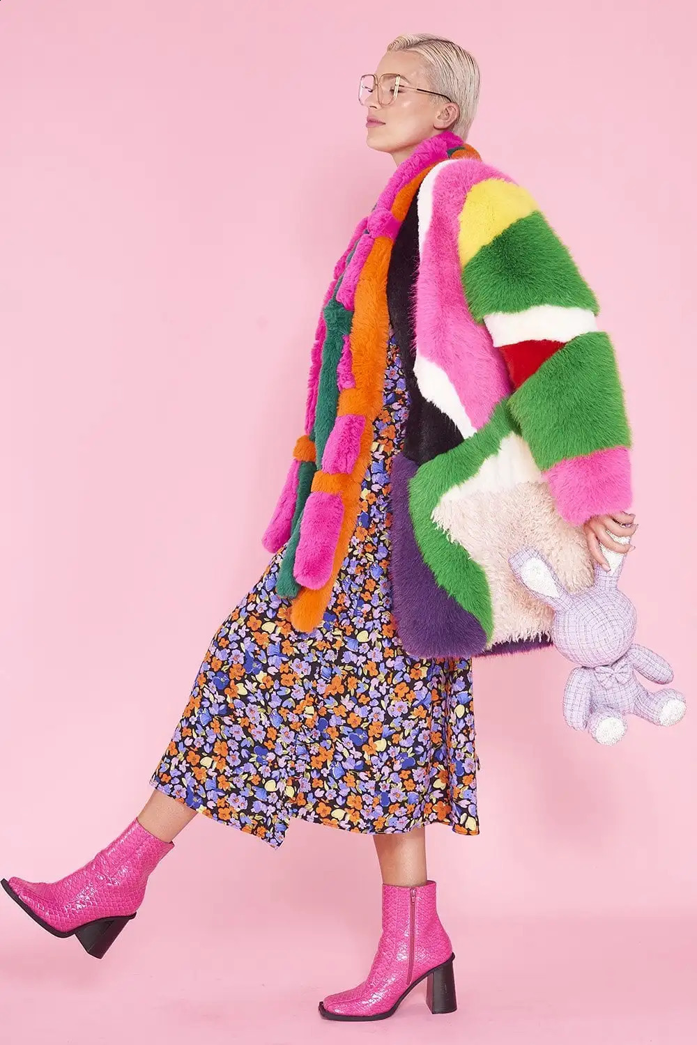 Personalized Faux Fur Coat MultiColor Splicing Bright Soft Comfortable HighQuality Women 241104