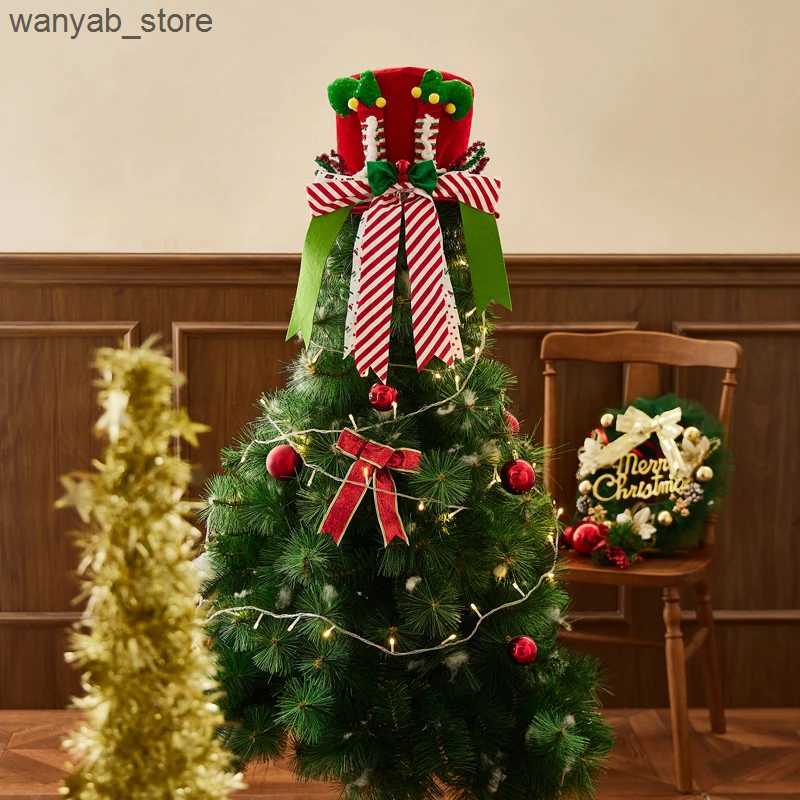 Wide Brim Hats Bucket Hats Christmas Tree Topper Cute Stripes Sequins Bows Hat Tree Top for Party Holiday Decoration Supplies L240910