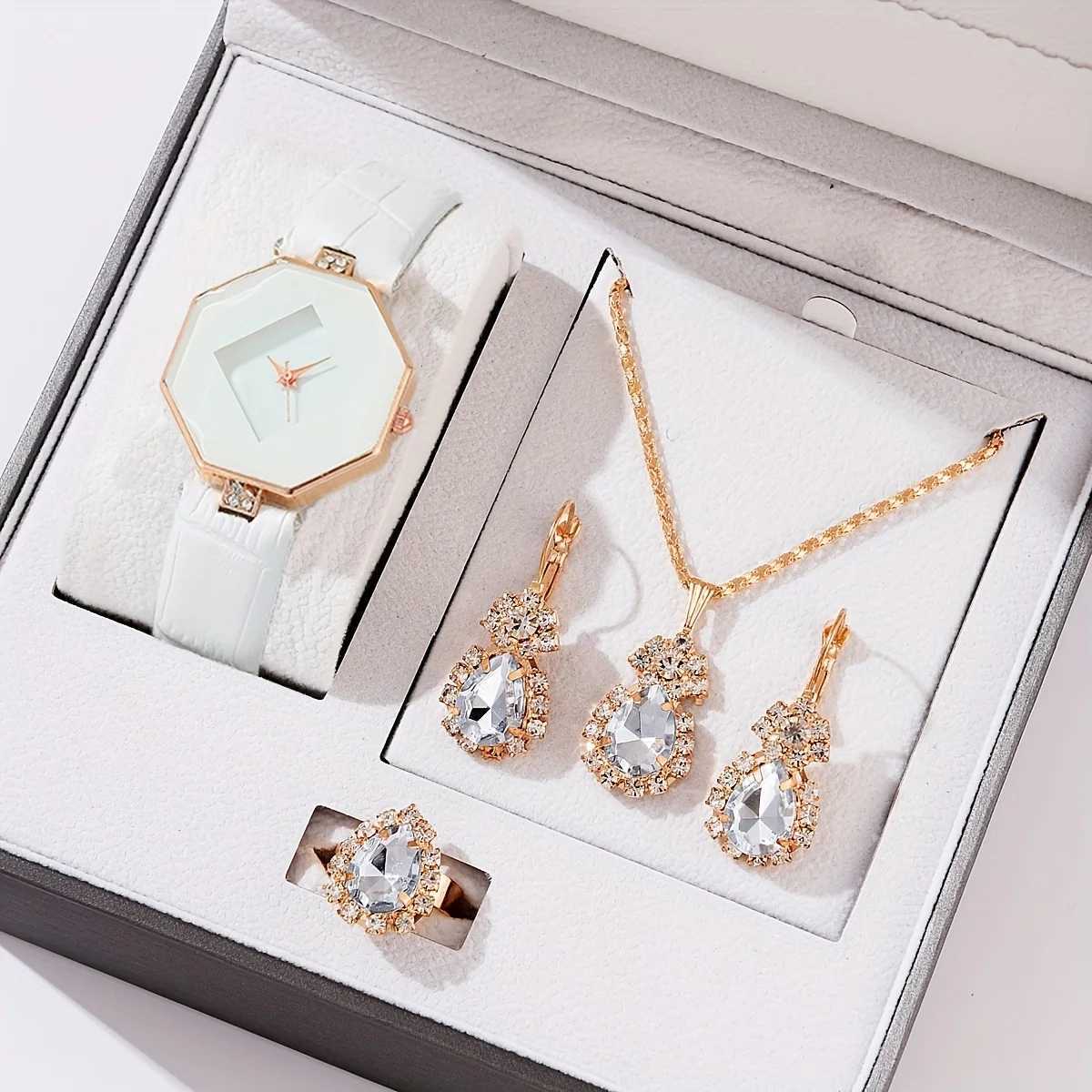 Wens Watch Polygon Pointer Quartz Watch Casual Rhinestone Simulation Watch 4-piece Jewelry Set Gift to M Her X241106