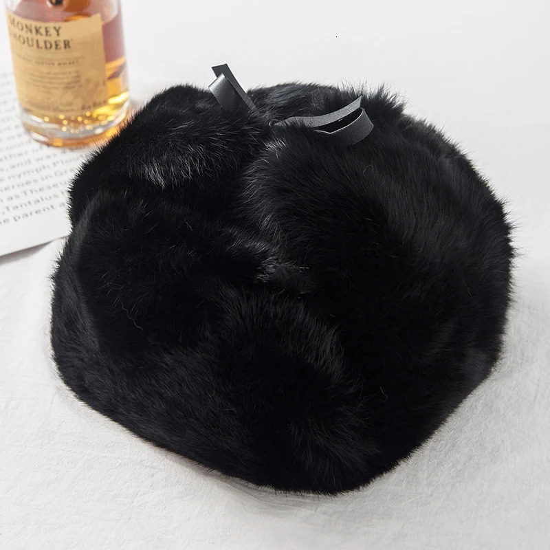 Thick and warm bomber hat mens real rabbit fur earrings catcher Russian hat mens plus size winter hat mens skiing Russian hat 241106