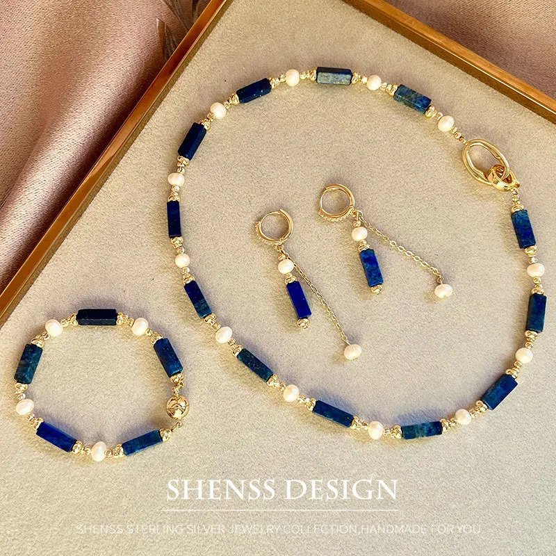 Exclusive n personalized natural freshwater pearl lapis lazuli necklace bracelet copper plated 14k gold accessories 241106