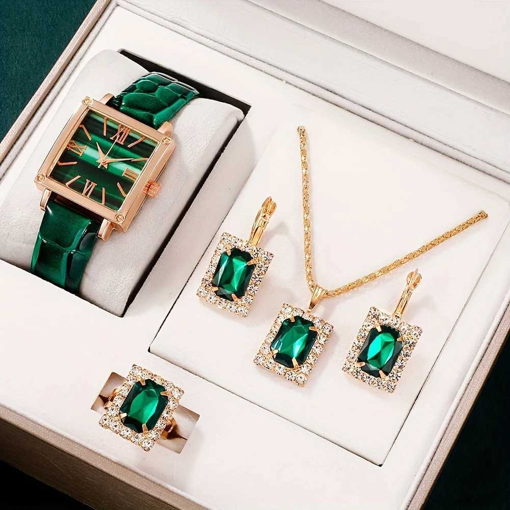 5 pieces/set of vintage square pointer quartz watch with simulated green watch and rhinestone jewelry set for M as a gift X241106