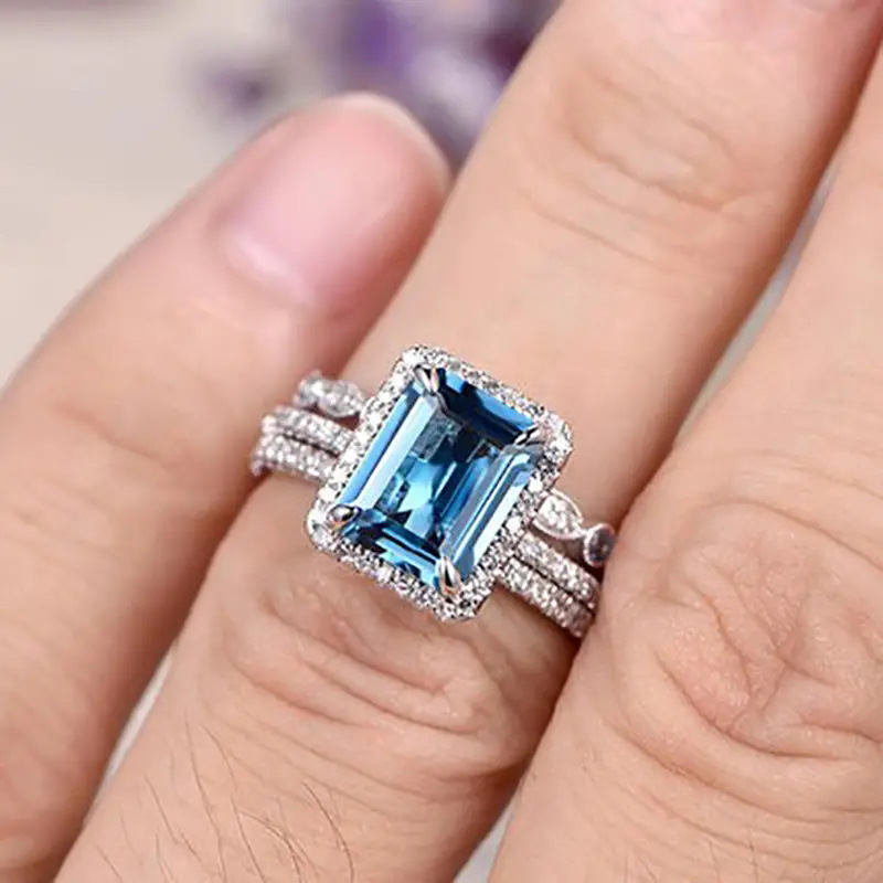 3PCS Elegant Wedding Rings Vintage Jewelry 925 Sterling Silver Fill Princess Cut Blue Cubic Zircon CZ Diamond Women's Fashion Bridal Ring Set Chr