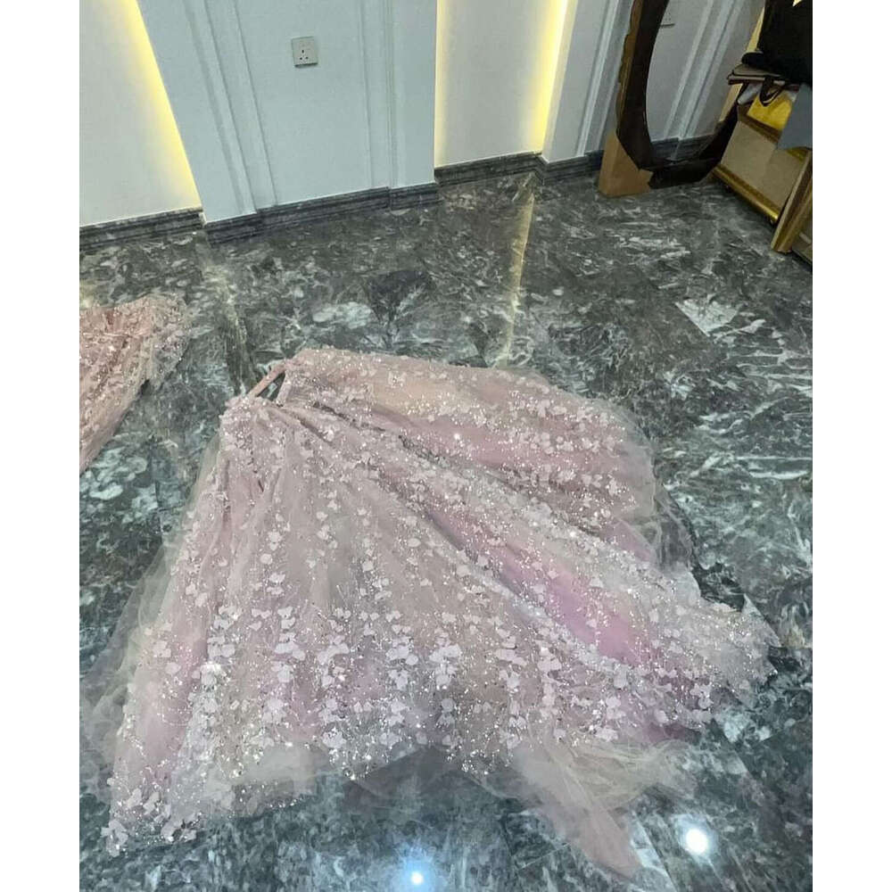 Elegant Pink ra Evening Dresses Hand Made wers Sequins Applique Lace Up Prom Party Gowns Long Sleeve Dress With Detachable Train