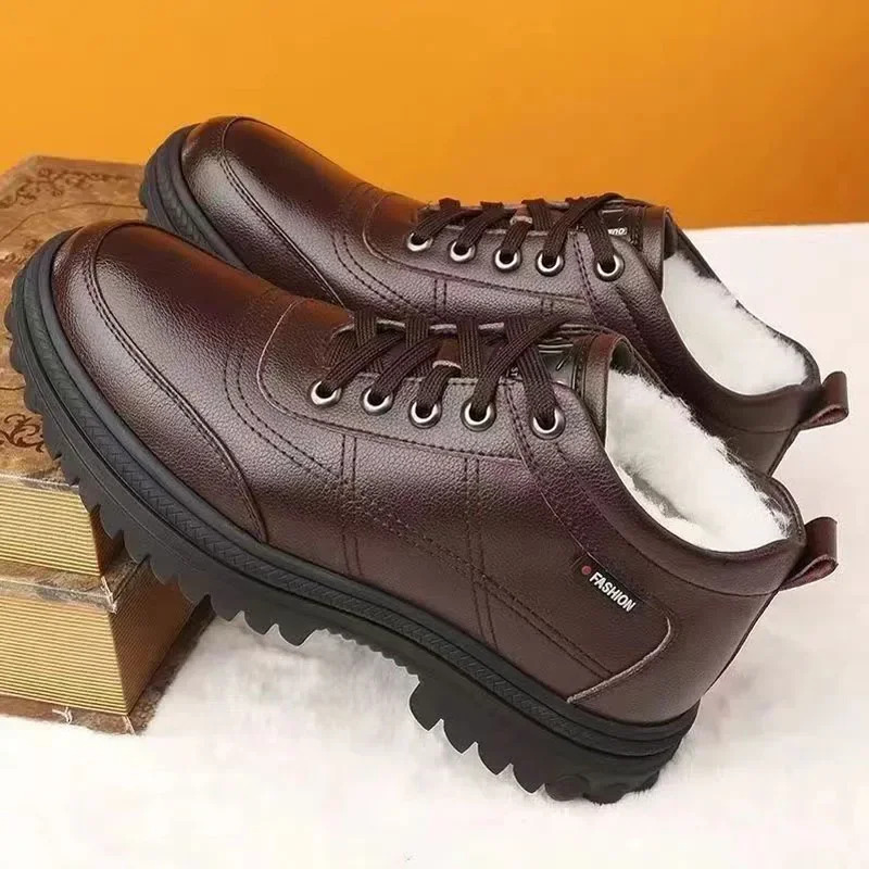 2025 New Men's Winter Casual Leather Shoes Men's Solid Color Thick Warm Cotton Business Shoes Outdoor Fashion Waterproof Anti Slip Snow Boot