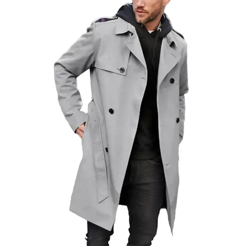 Mens autumn and winter solid color windproof lapel long sleeved double-layer pocket belt slim fit jacket 241106