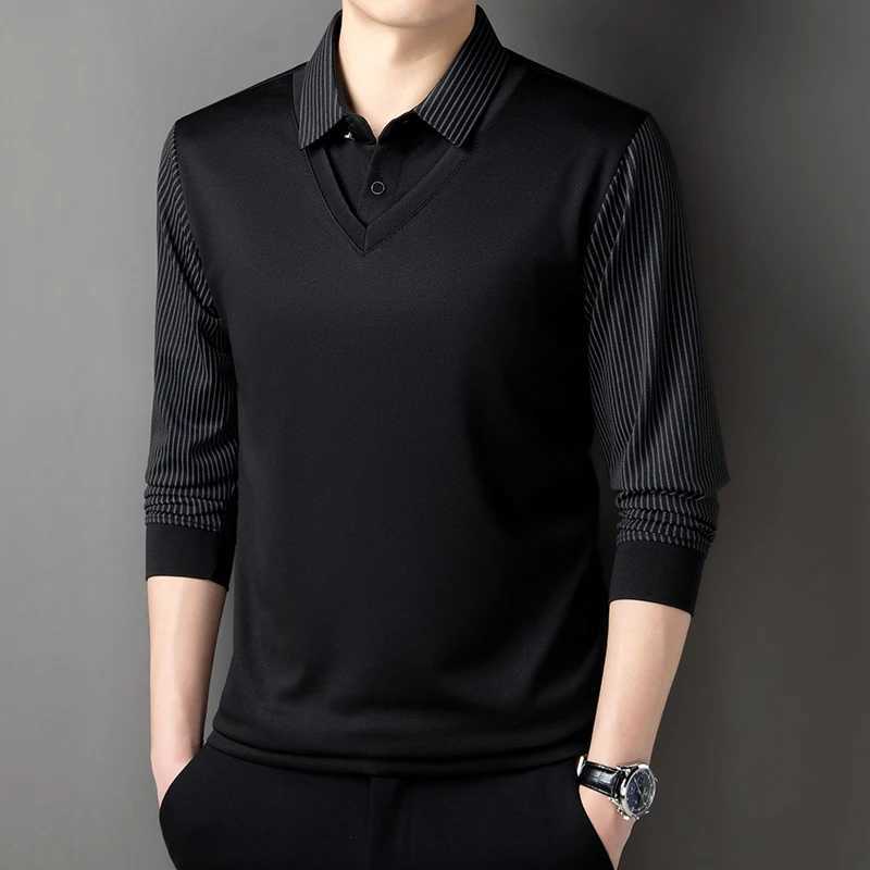 2024 Korean style mens long sved T-shirt with automatic lapel business fashion casual shirt elastic top black dark gray W241106