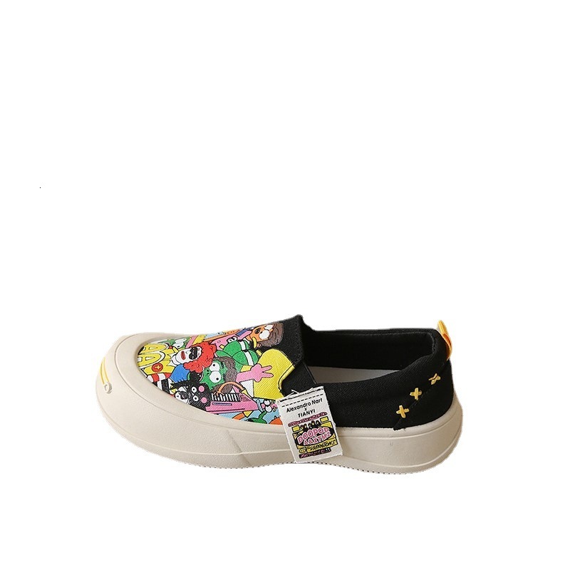 Lazy for Women 2024 Spring New Fashion Versatile Cartoon Image Women's Thick Sole Casual One Step Matcake Canvas Shoes