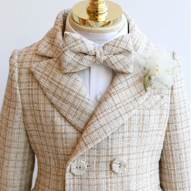 Childrens Houndstooth Formal Suit Set Boys Wedding Birthday Party Champagne Costume Kids Double Breasted Blazer Pants Clothes 241106