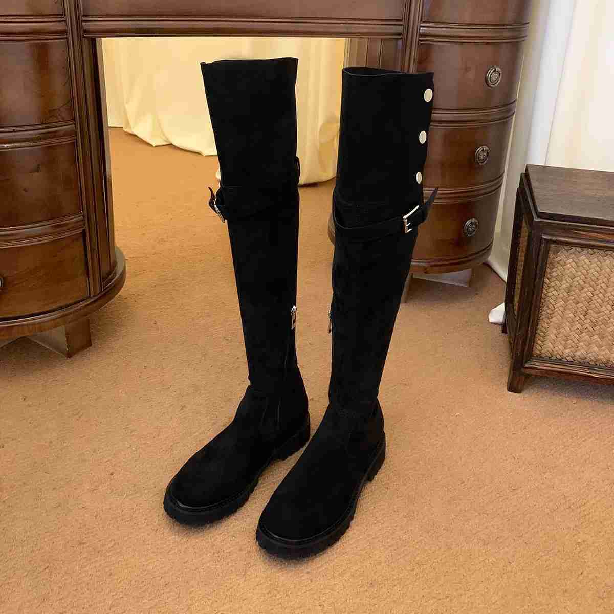 CMM Knee High Knight Boots Thick Soles and Plush Long Boots Versatile for Autumn and Winter