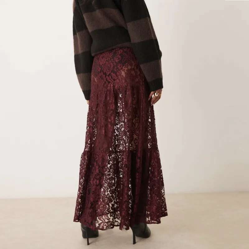 Talenza Women's High Waist Sexy See-Through Versatile Solid Casual Ral Patchwork Retro Lace Long Skirt