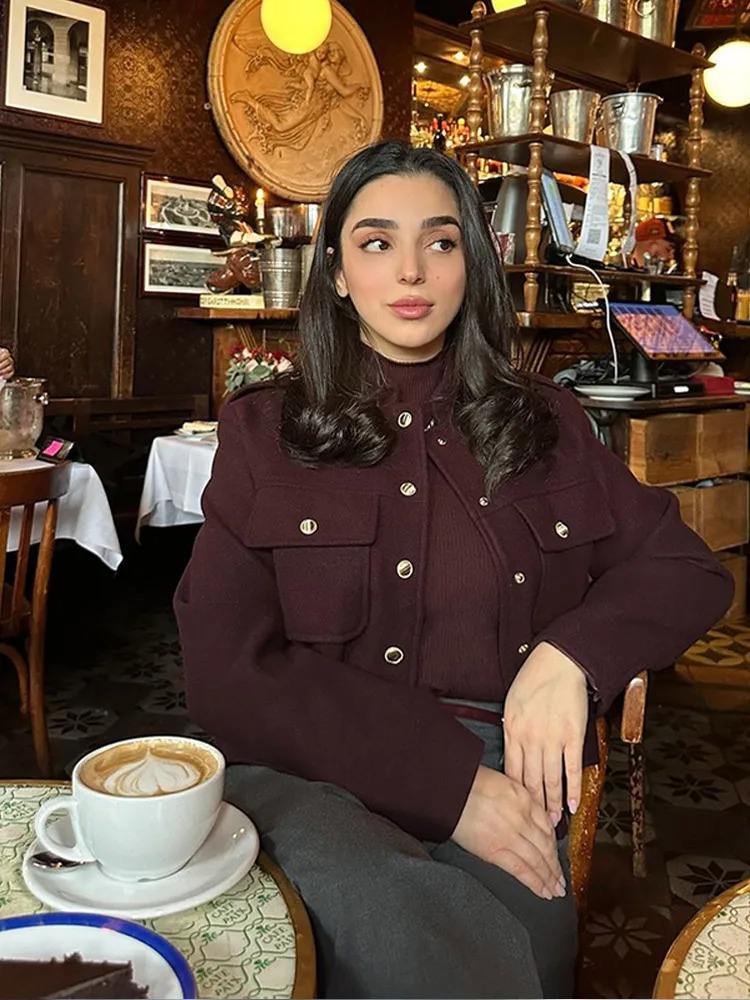 Elegant Womens Burgundy Cropped Jacket Female Stand Collar Single Breasted Full Sleeve Pocket Coat 2024 Autumn Lady Outwear 241106