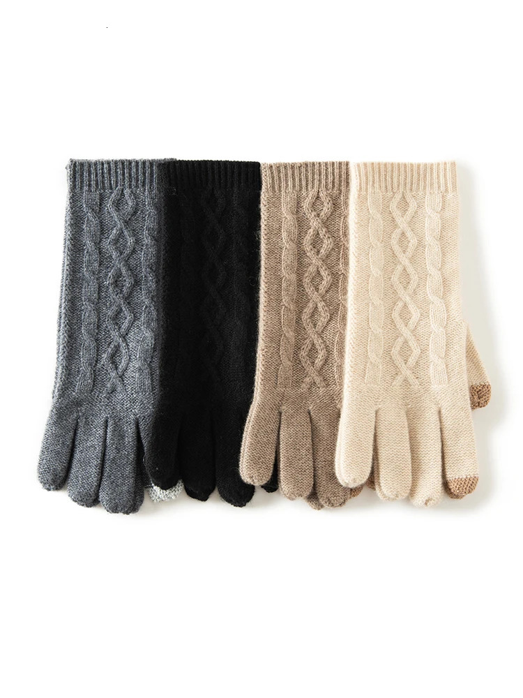 100% genuine cashmere knitted gloves touch screen fingers womens autumn and winter thick cable warm wrist classic womens gloves 241106
