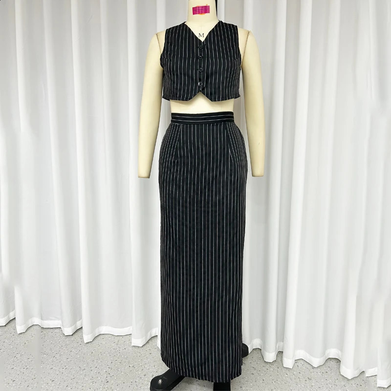 Wefads Two Piece Set Women Office Elegant Simple Striped Printed Sleeveless Single Breasted Button VestTop A Line Skirt Sets 240315