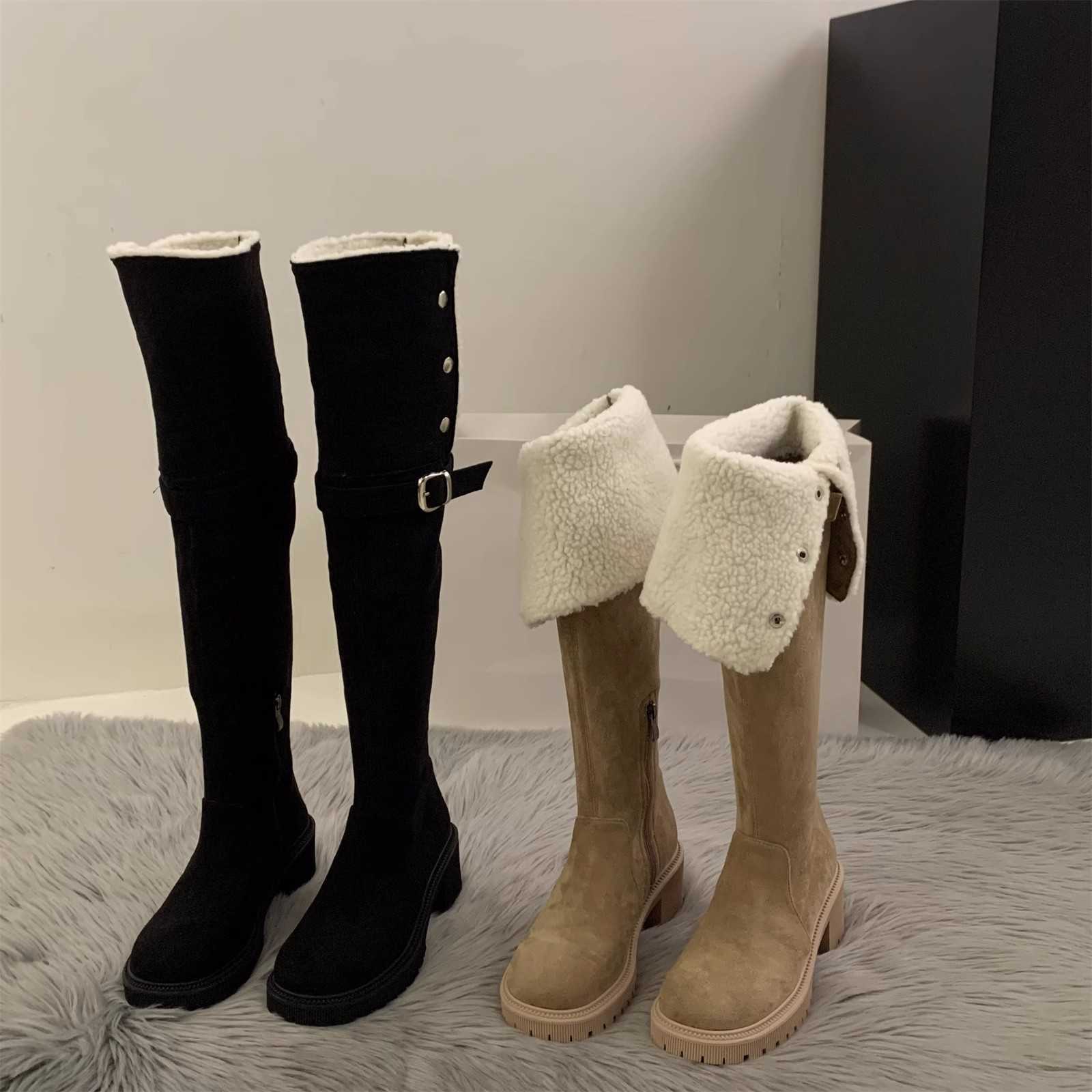 CMM High Heeled Knee High Boots Plush Cotton Boots for Women New Autumn and Winter Snow Boots Long Leg Knight Boots