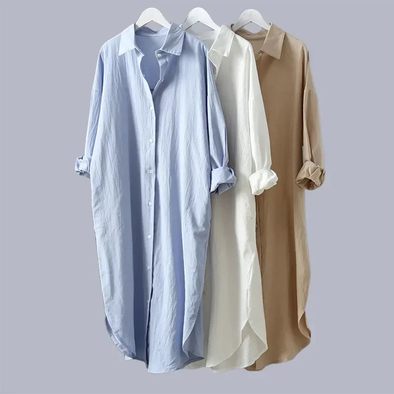 Long White Shirt Dress for Women Linen Cotton 2024 Spring Summer Casual Korean Clothing Vintage Oversized Midi Robe 241106