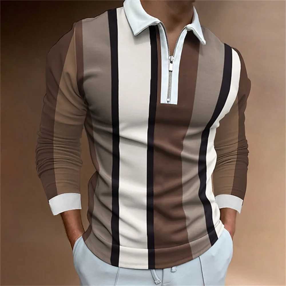 2024 Mens Stripe Printed Micro Elastic Collar Shirt Top Porosity Fashion Zipper Length Sve T-shirt Mens Clothing W241106